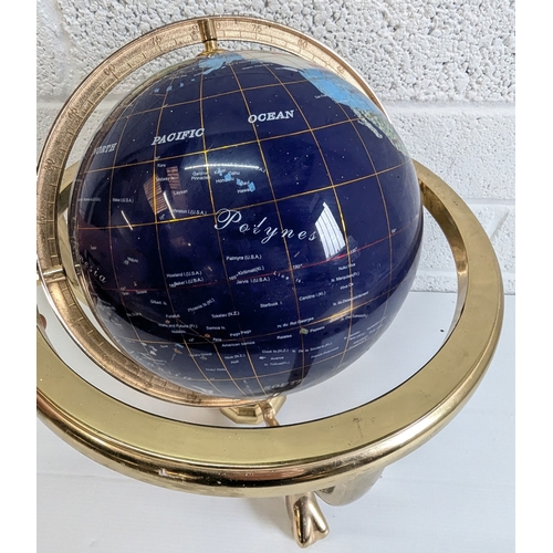 747 - Gemstone World Globe - 30cm Diameter Including Brass Surround x 35cm High