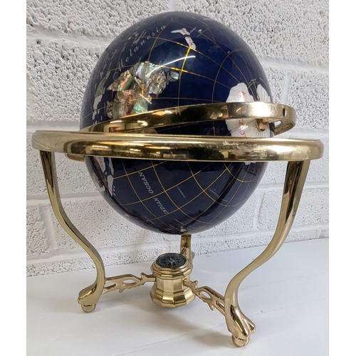 747 - Gemstone World Globe - 30cm Diameter Including Brass Surround x 35cm High