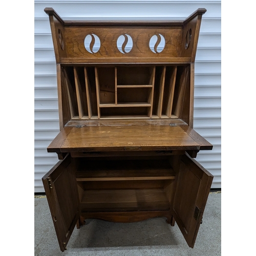 753 - Oak Bureau with Drawer, Cupboard and Upper Shelf 130cm x 76cm x 37cm