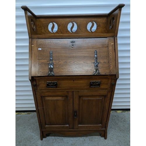 753 - Oak Bureau with Drawer, Cupboard and Upper Shelf 130cm x 76cm x 37cm