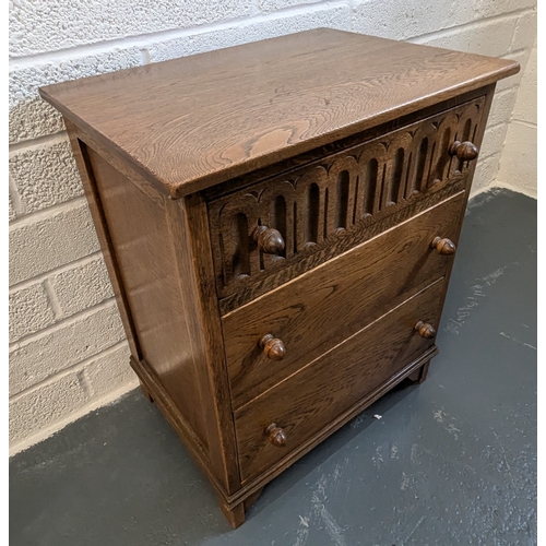 782 - Vintage 3 Drawer Chest with Carved Detailing Measurements: Height 64cm, Width, 53cm Depth 41cm