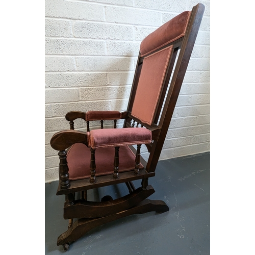 783 - Antique Rocking Chair with Turned Detailing and Pink Upholstery