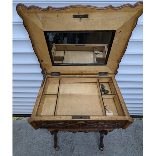 796 - Antique Victorian Burr Walnut Veneer Sewing Table - Damage to top as pictured 76cm x 55cm x 40cm