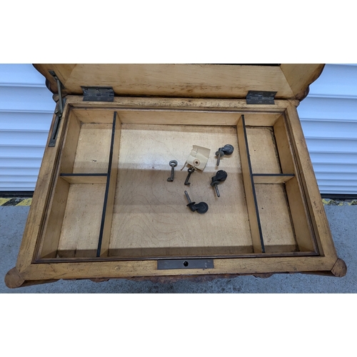 796 - Antique Victorian Burr Walnut Veneer Sewing Table - Damage to top as pictured 76cm x 55cm x 40cm