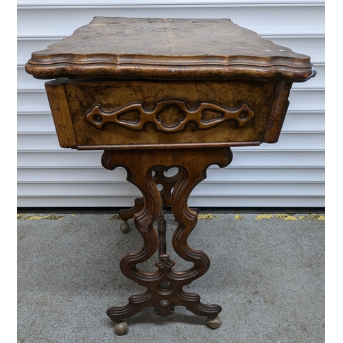 796 - Antique Victorian Burr Walnut Veneer Sewing Table - Damage to top as pictured 76cm x 55cm x 40cm