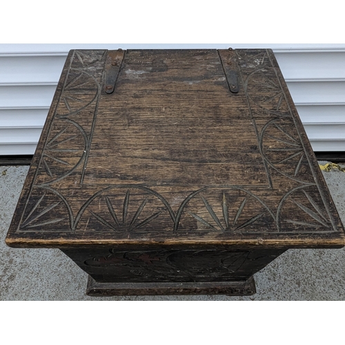 799 - Antique Solid Oak Handcarved Coal Box 43cm x 40cm x 40cm