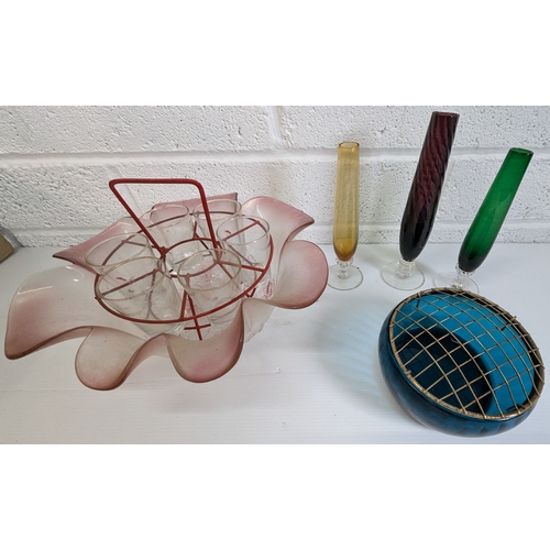 820 - 3 x Vintage Coloured Glass Vases and Other Glassware