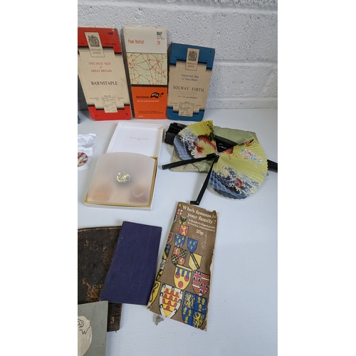 828 - A Box of Oddments, Badges, Maps, Perfumes etc.