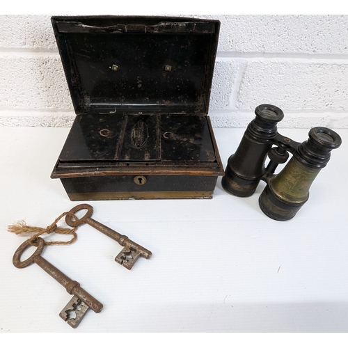 832 - A Vintage Money Box , Opera Glasses and Keys