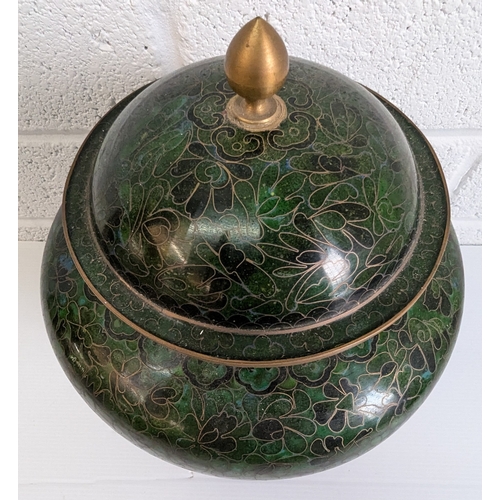 844 - Forest Green Cloisonne Urn On Wooden Base - 24 x 20cm