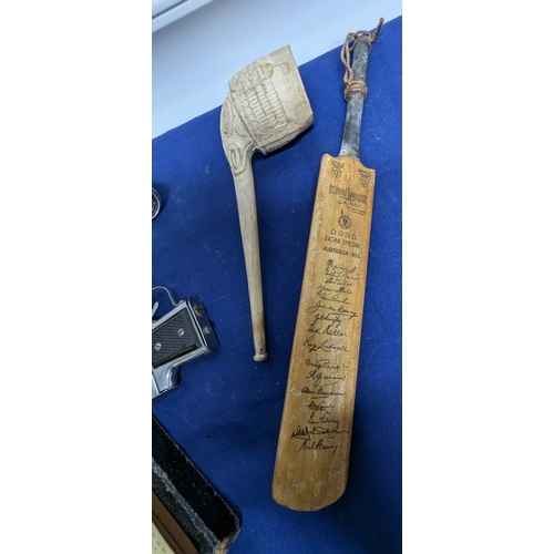 851 - An Assortment of Oddments, Opera Glasses, Miniature Cricket Bat, Clay Pipe etc.