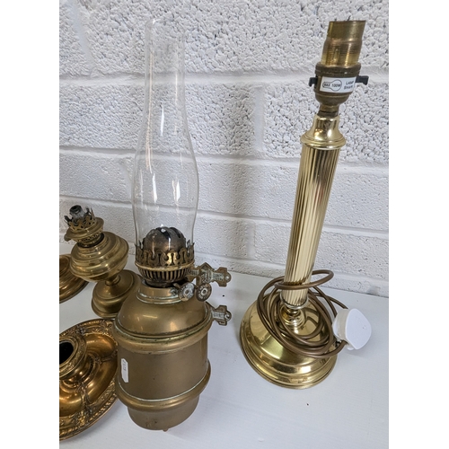 896 - Wall Hanging Brass Oil Lamp And Other Brassware, Candle Holder, Column Lamp Etc.