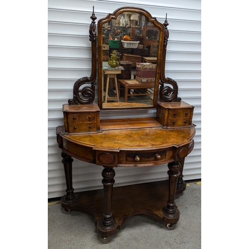 995 - Antique Victorian Burr Walnut Duchess Dressing Table, With 2 Drawers, On 4 Turned Columns With Large... 