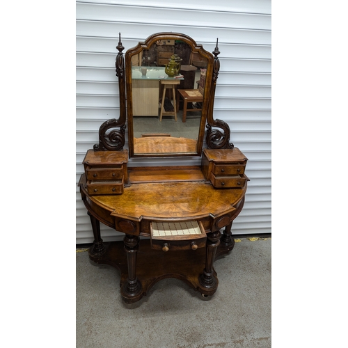 995 - Antique Victorian Burr Walnut Duchess Dressing Table, With 2 Drawers, On 4 Turned Columns With Large... 