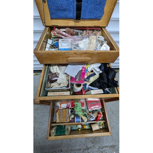 1002 - Mid Century Concertina Sewing Box With Contents - 67 x 39 x 32cm