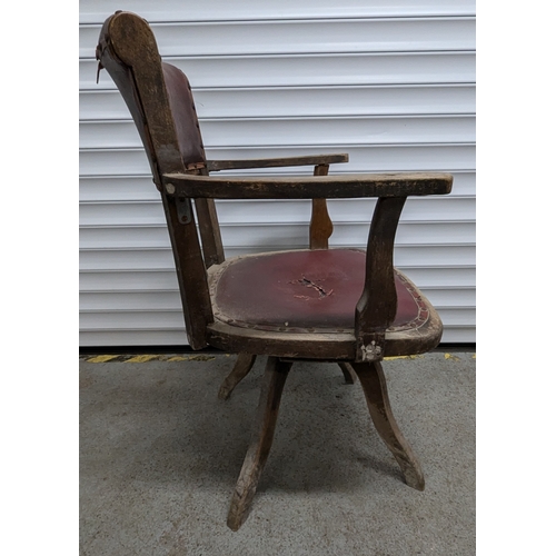 1026 - Antique Swivel Office Chair With Red Leather