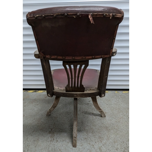 1026 - Antique Swivel Office Chair With Red Leather