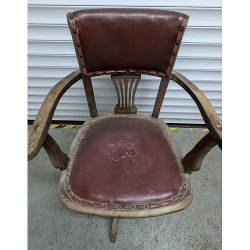 1026 - Antique Swivel Office Chair With Red Leather