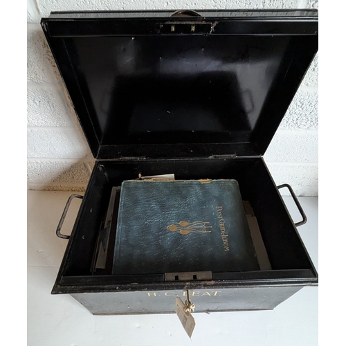 1198 - Antique Locking Metal Box With H.C. LEAT On, Containing Antique And Vintage Postcards And Pictures