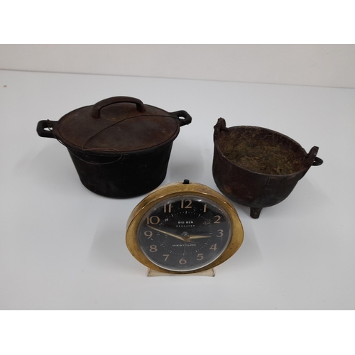 1094 - 2 x Cast Iron Cooking Pots and a Vintage Westclox Clock