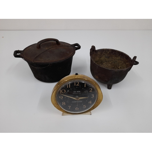 1094 - 2 x Cast Iron Cooking Pots and a Vintage Westclox Clock