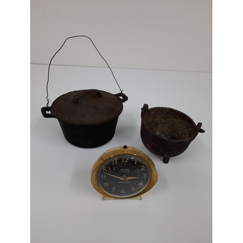 1094 - 2 x Cast Iron Cooking Pots and a Vintage Westclox Clock