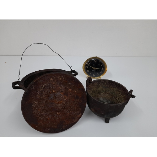 1094 - 2 x Cast Iron Cooking Pots and a Vintage Westclox Clock