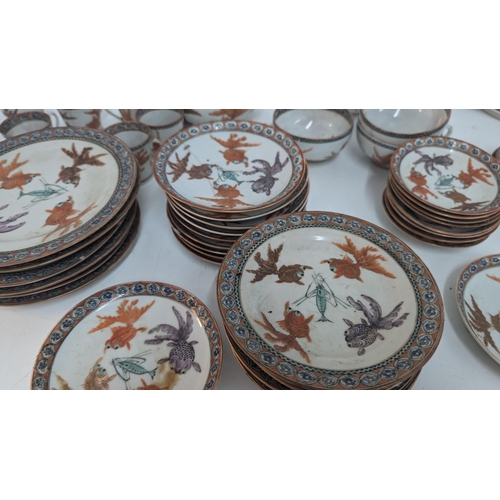 165 - Antique Chinese Chinoiserie Koi Hand Painted Part Tea Service inc. 10 x 15cm Plates, 11 x 14cm Sauce... 