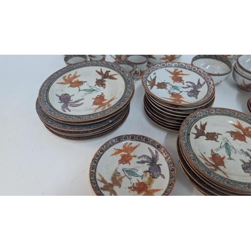 165 - Antique Chinese Chinoiserie Koi Hand Painted Part Tea Service inc. 10 x 15cm Plates, 11 x 14cm Sauce... 