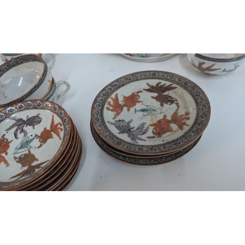 165 - Antique Chinese Chinoiserie Koi Hand Painted Part Tea Service inc. 10 x 15cm Plates, 11 x 14cm Sauce... 