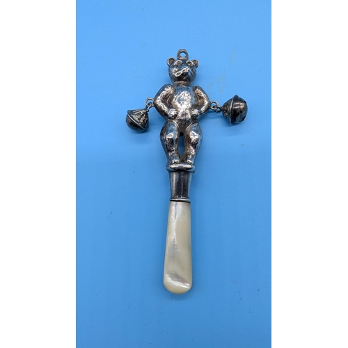 46 - A Hallmarked Silver and Mother of Pearl Handled Teddy Bear Babies Rattle