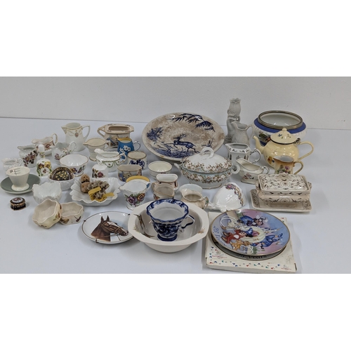 1103 - A Selection of China Collectibles including Miniature Jugs, Butter Dish, John Maddock Ornamental Dis... 