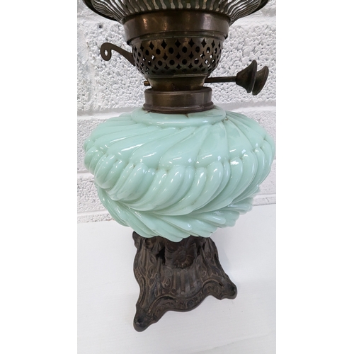 1013 - Antique Oil Lamp With Cast Base And Jade Glass