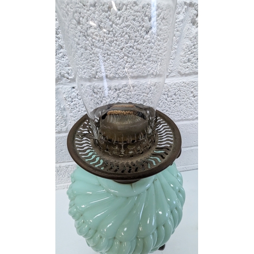 1013 - Antique Oil Lamp With Cast Base And Jade Glass