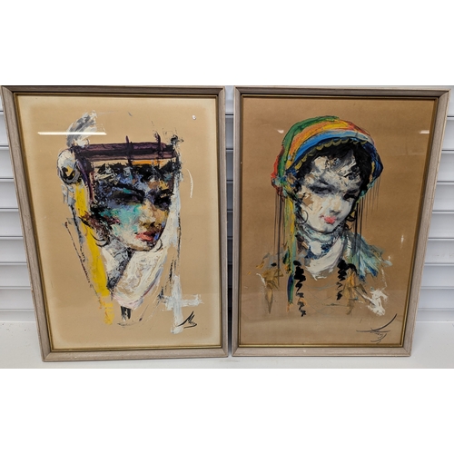 1270 - 2x Paintings Of Indian Ladies - One Signed Matid - In Matching Frames - 67 x 48cm