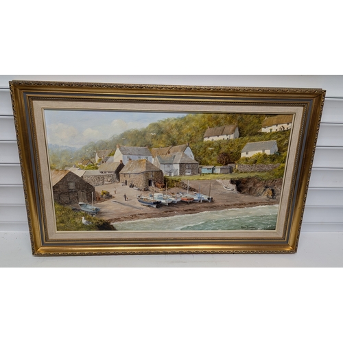 1271 - Oil On Canvas Of Cadgwith Cove Helston - Robin Davidson - In Gilt Frame - 55 x 90cm