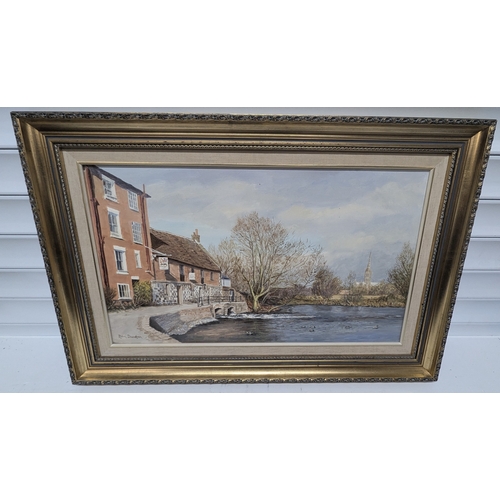 1272 - Oil On Canvas Of Harnham Mill, River Nadder, Salisbury - Robin Davidson - In Gilt Frame 50 x 76cm