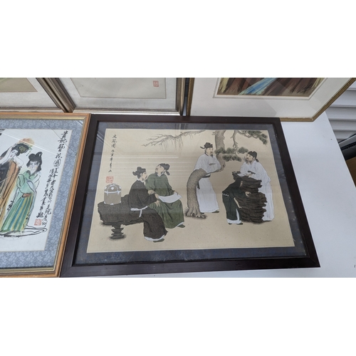 1279 - Selection Of Chinese Pictures & Prints - 5 In Total - 1 Picture Has Cracked Glass