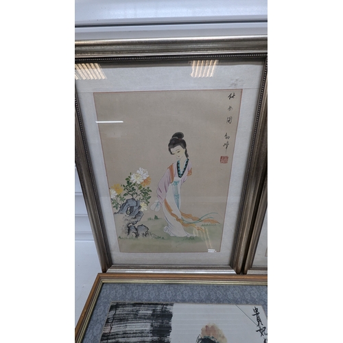 1279 - Selection Of Chinese Pictures & Prints - 5 In Total - 1 Picture Has Cracked Glass