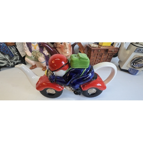 1308 - Collection Of Novelty Teapots And Jugs, Including Washing Machine Toby Jug, Motorbike And More