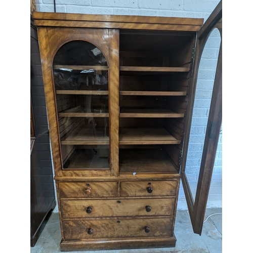 1315 - Victorian Mahogany Flame Glazed Bookcase / Linen Cupboard With 4 Lower Drawers, 4 Adjustable Shelves... 