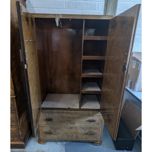 1316 - Art Deco Burr Walnut Gentleman's Wardrobe With 2 Drawers And Key - 165 x 93 x 47cm