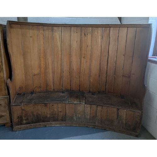 1317 - Antique Bowed Pine Settle With Under Seat Storage - 175 x 230 x 45cm