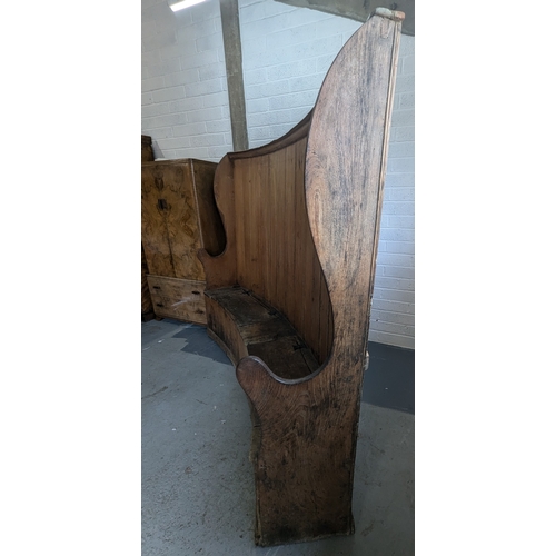 1317 - Antique Bowed Pine Settle With Under Seat Storage - 175 x 230 x 45cm