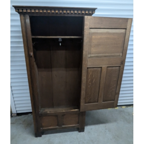 1319 - Antique Oak Hall Cloak Cupboard With Carved Panel - 176 x 84 x 50cm