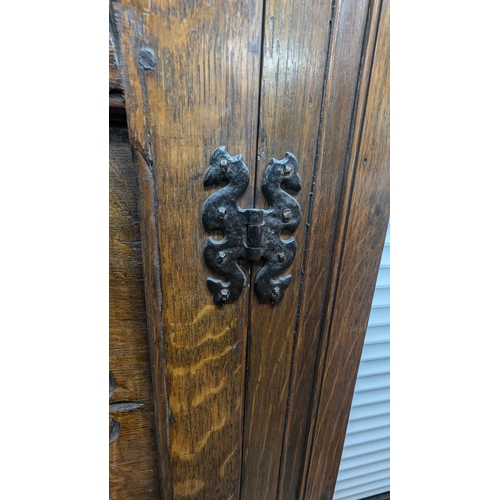 1319 - Antique Oak Hall Cloak Cupboard With Carved Panel - 176 x 84 x 50cm