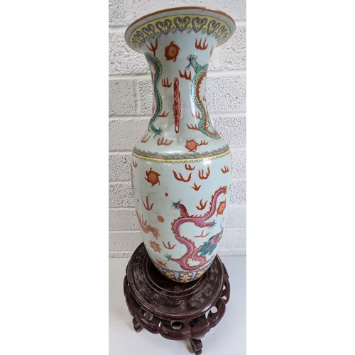 839 - A Large Famille Rose Chinese Vase With Dragon Motif On Wooden Base - 56 x 26cm