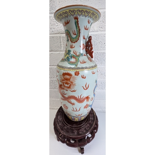 839 - A Large Famille Rose Chinese Vase With Dragon Motif On Wooden Base - 56 x 26cm