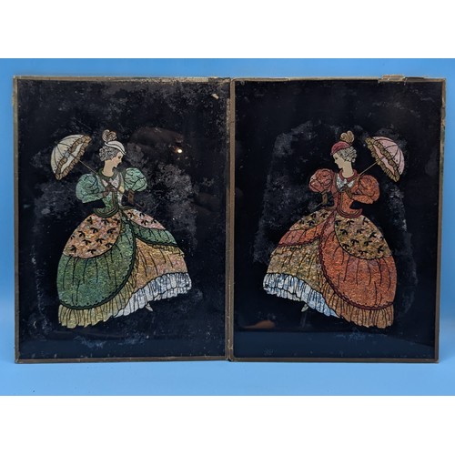 706B - A Pair Of Vintage Glass Crinoline Tinsel Pictures