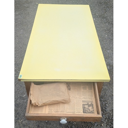 1501 - Antique Framed Table With Yellow Formica Top - With Single Drawer To One End - 75 x 152 x 76cm